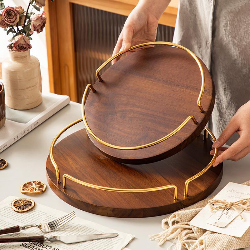 BEPAN Metal Acacia Wood Circular Storage Plate Solid Wood Desktop Dessert Plate Fruit Tea Tray Cup Holder