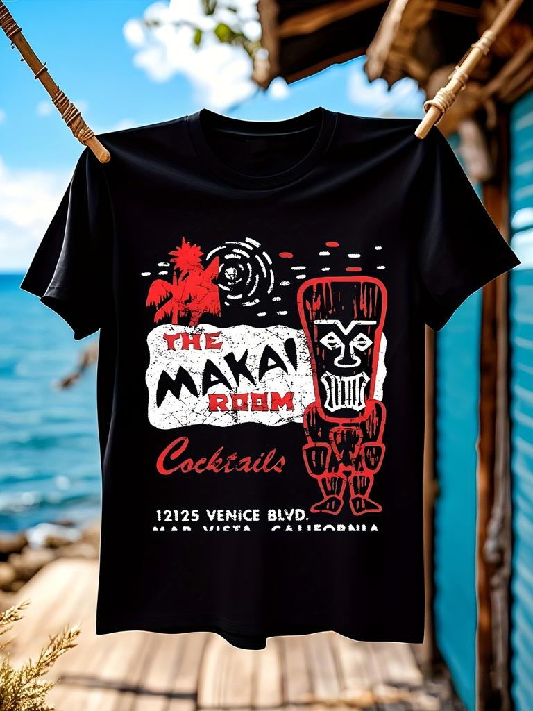Vintage Tiki Roostertail Graphic T-shirt - Soft Black Cotton Tee with Makai Room Bar Design - Retro Polynesian Shirt for Hawaiian Luau