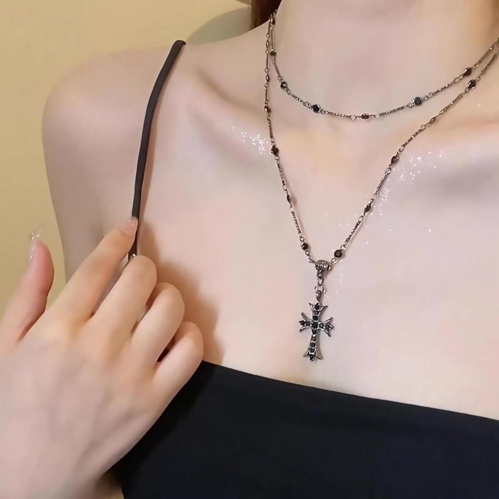 Unisex Zircon Cross Double Layer Beaded Necklace