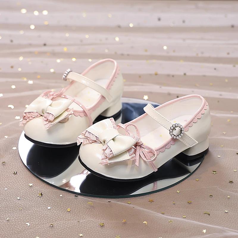 Girls High Heeled Dress Shoes Princess Chic with Double Bow-knot Kids Princess Wedding Party High Heels Fashion Leather Shoes