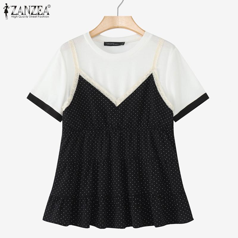ZANZEA T-shirts d'été pour femmes à patchwork à pois décontractés à manches courtes