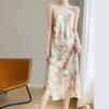 New Women's French Floral Mulberry Silk Satin V-Neck A-Line Camisole Dress - Slimming Summer Style