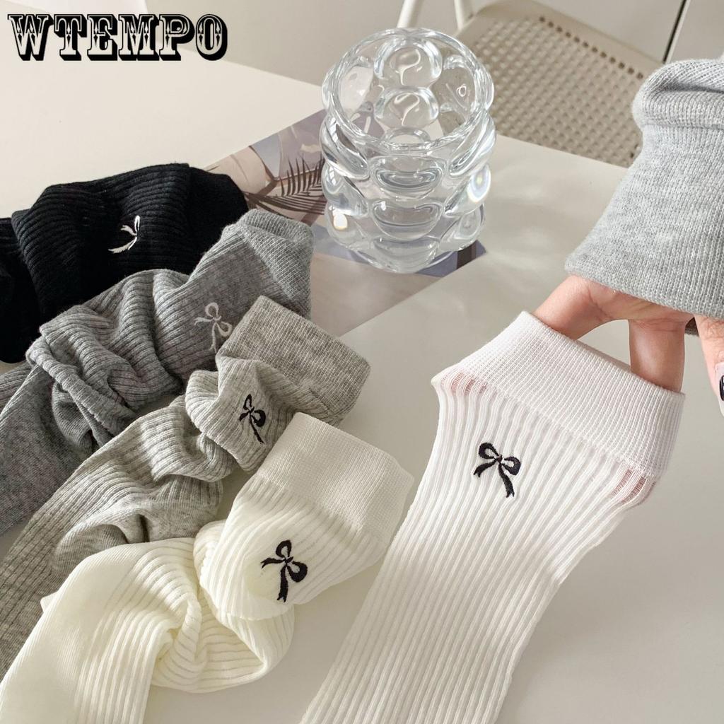 5pcs White Bow Socks Women Ballet Style Mid-calf Socks Summer Thin Stockings Cotton Stacked Socks