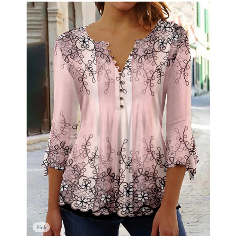 VEZFAA Women's Fashion Casual Spring Fall Flower Pattern Print Long Sleeve V-Neck Blouses & Shirts