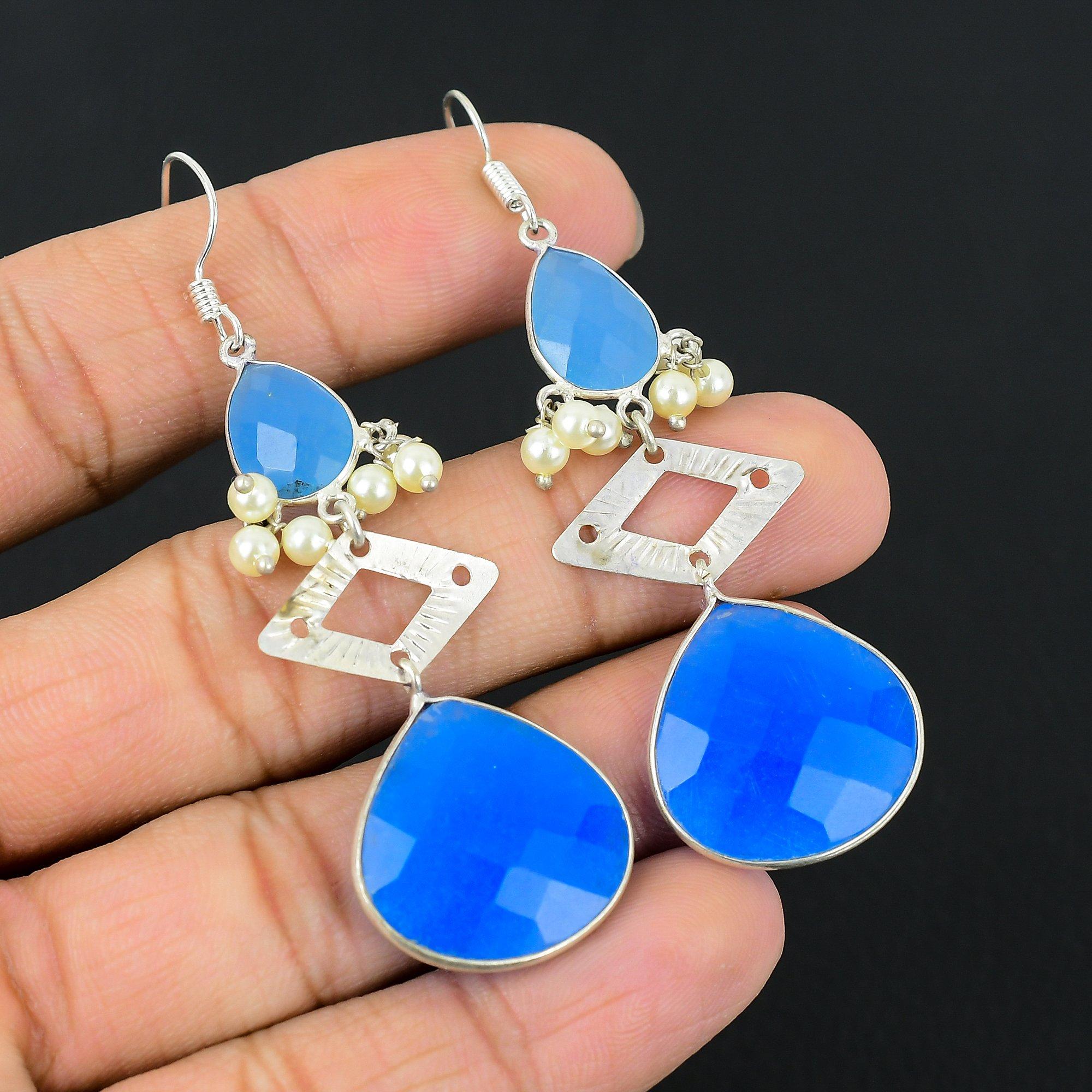 

925 Sterling Silver Blue Sapphire Gemstone Unique Dangle Drop Earrings Jewelry