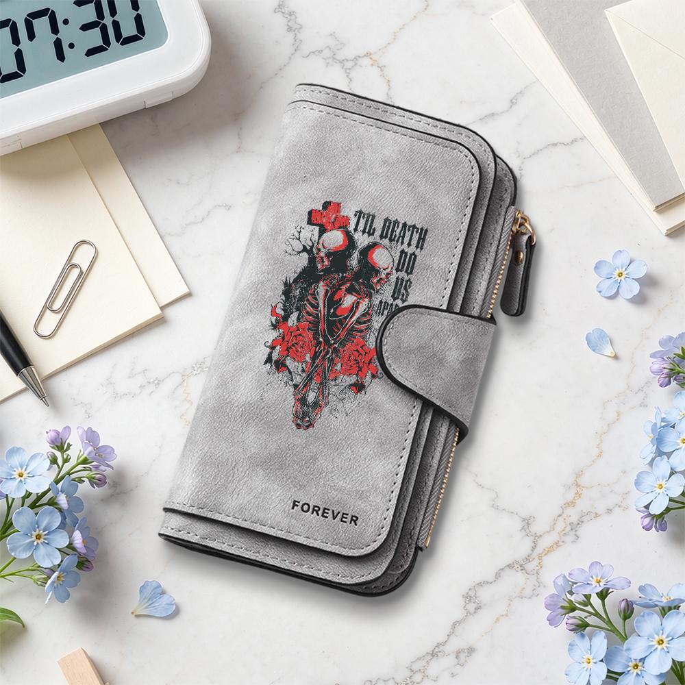Gothic Skull Rose Long Wallet for Ladies Casual Portable Card Cash Holder Fashion Dark Style Purse