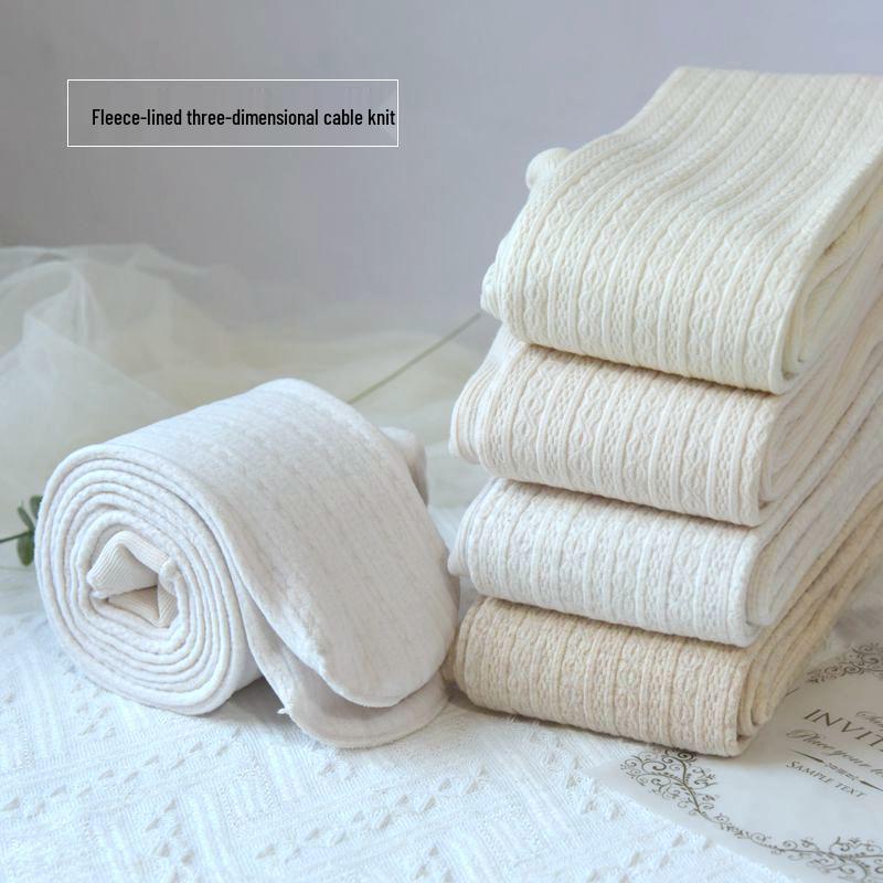 Women's Thickened Japanese Style Cable Knit White Tights with Plus Velvet & Warm Milk White JK Socks for Autumn/Winter