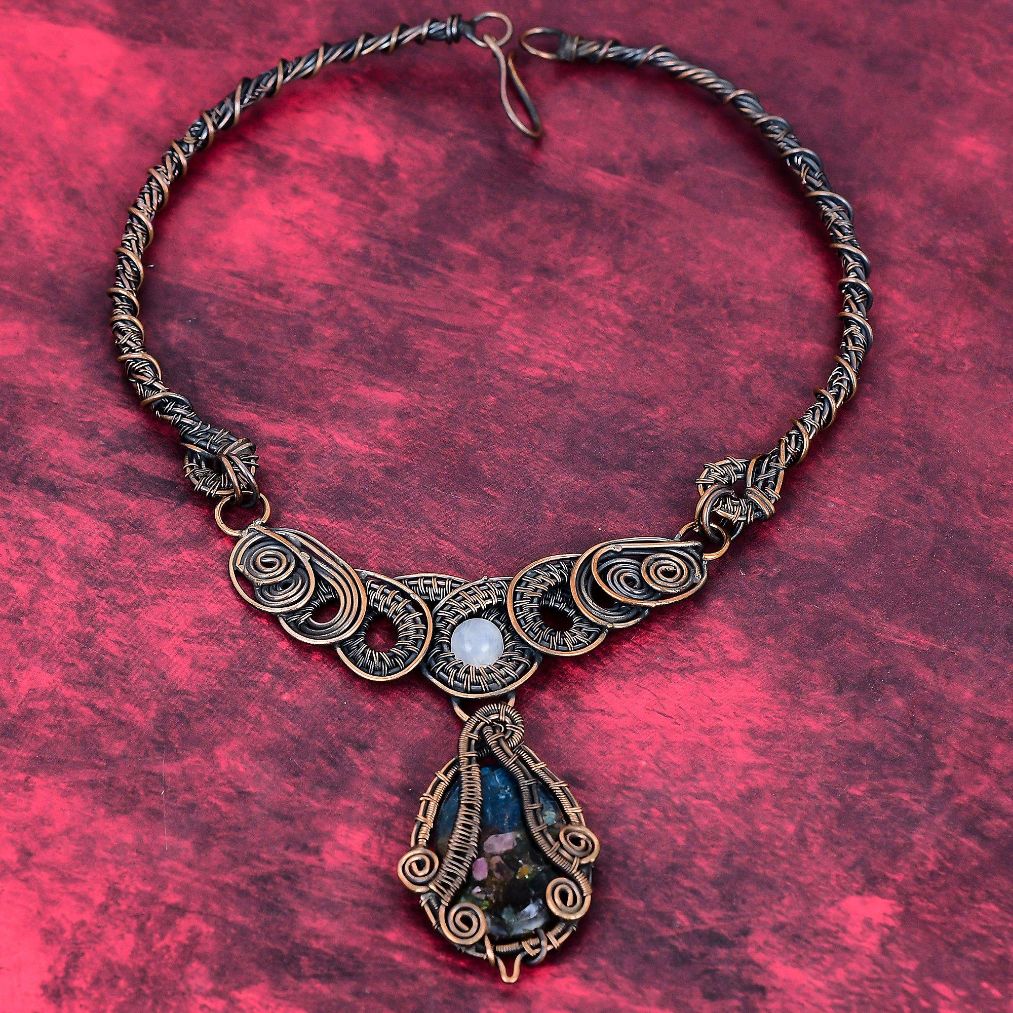 Copper watermelon tourmaline necklace copper wire wrapped gemstone necklace rainbow moonstone necklace handmade copper jewelry wedding gifts
