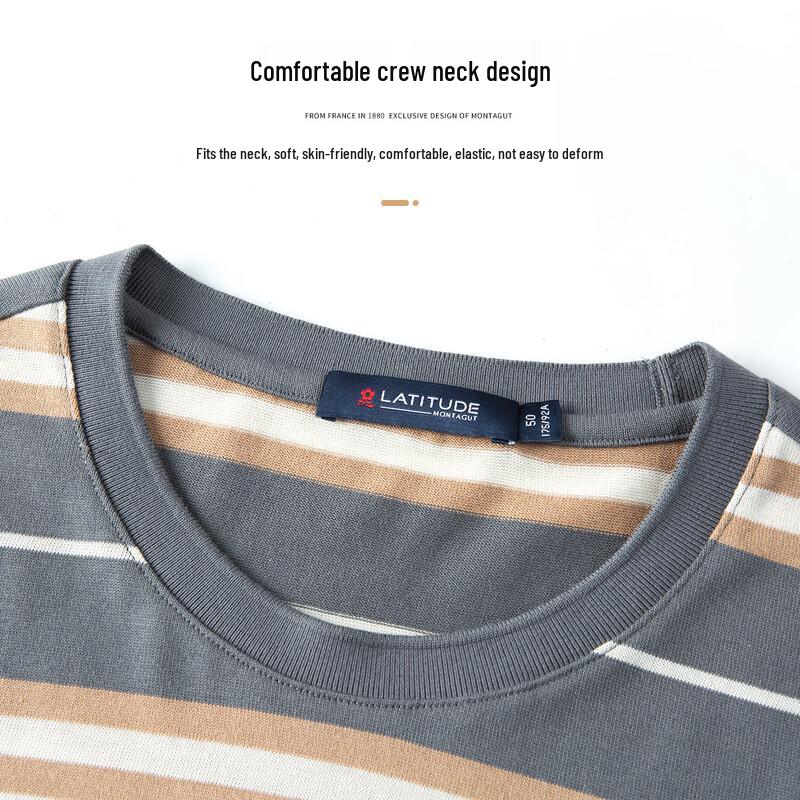 MONTAGUT Men's Striped Round Neck 100% Cotton Long Sleeve T-Shirt