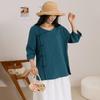 Women Chinese Style Cotton Shirts Tops Solid Color V-Neck Seven Sleeve Blouses Summer Button Shirts