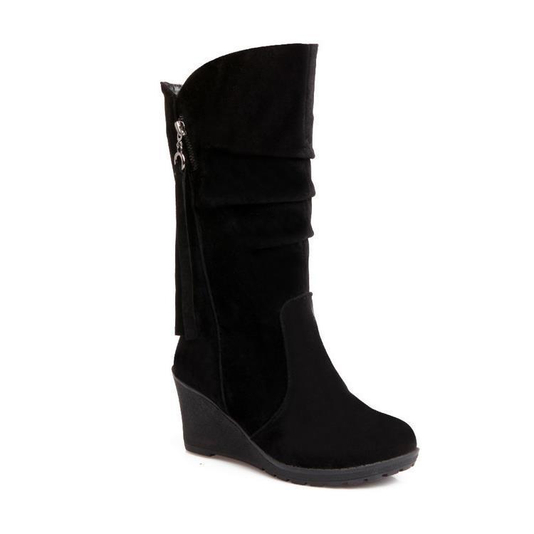 

22Элегантные женские сапоги до середины икры, уличный стиль, модные современные сапоги, 6 см танкетка, металлическая застежка-молния, украшение, туфли принцессы для женщин 48 чёрный