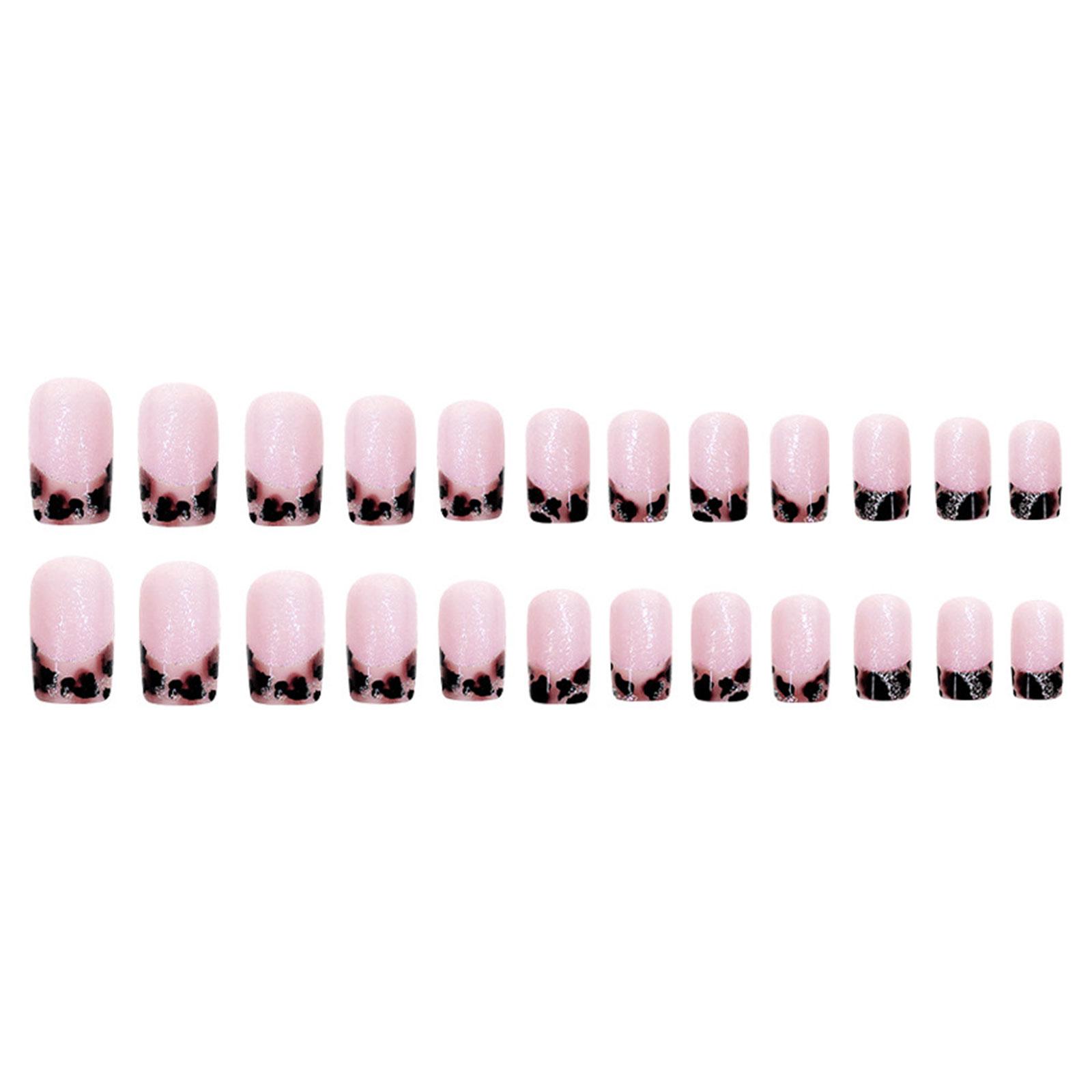 

Средний квадратный гроб накладные ногти с блестящим французским дизайном, акриловые искусственные ногти, дизайн с леопардовым принтом, легко носить