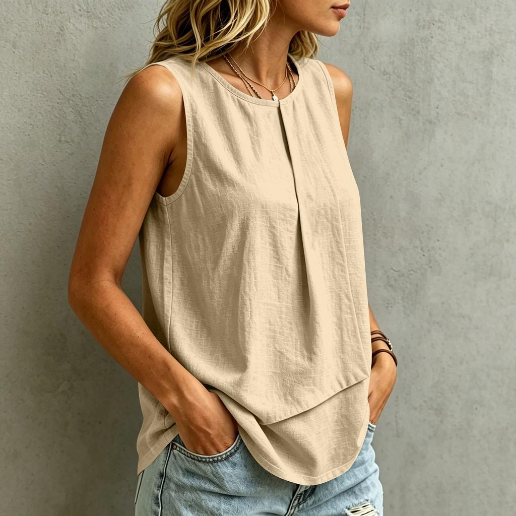 Women's Summer Sleeveless Top Round Neck Solid Color Casual Loose Fit Lightweight Blouse for Outdoor Indoor Wear