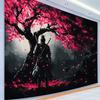 2D Japanese Warrior Tapestry Wall Art with Cherry Blossom Tree Scene