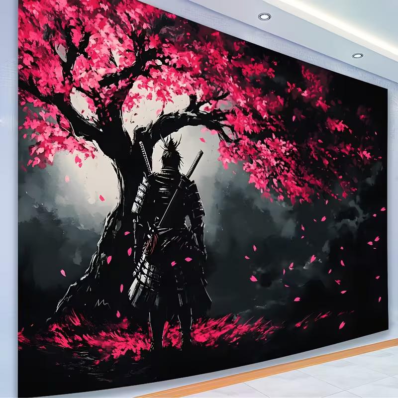 2D Japanese Warrior Tapestry Wall Art with Cherry Blossom Tree Scene