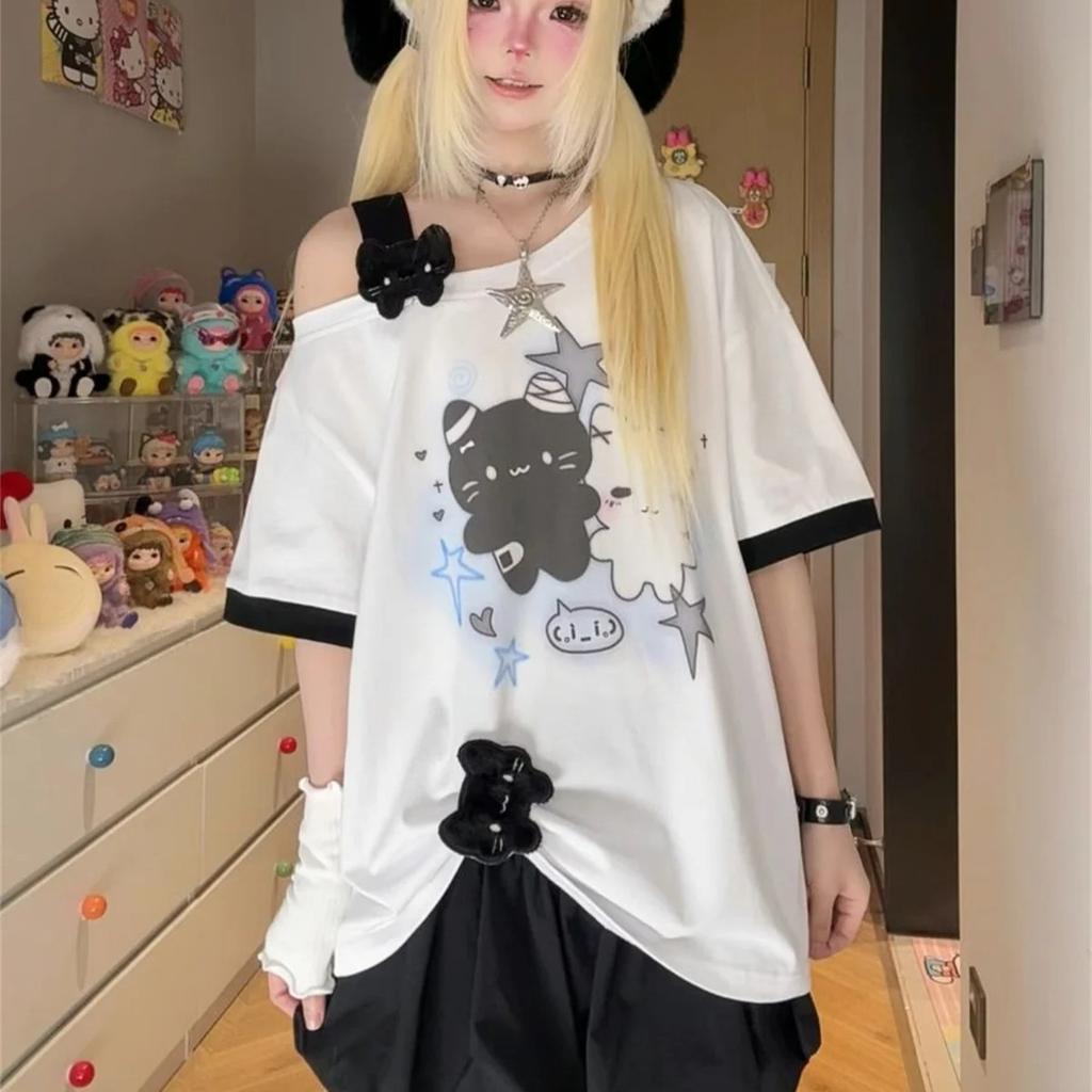 Cartoon Kawaii Niedlich Bedrucktes Damen T-Shirt Sommer Locker Schräger Kragen Grunge T-Shirt Y2k Ästhetik Schräger Kragen Fee T-Shirts