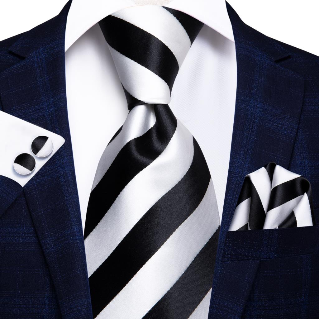 Hi-Tie Navy Blue Striped Silk Wedding Tie For Men Fashion Design Gift Men Necktie Hanky Cufflink Set Business Party Dropshiping