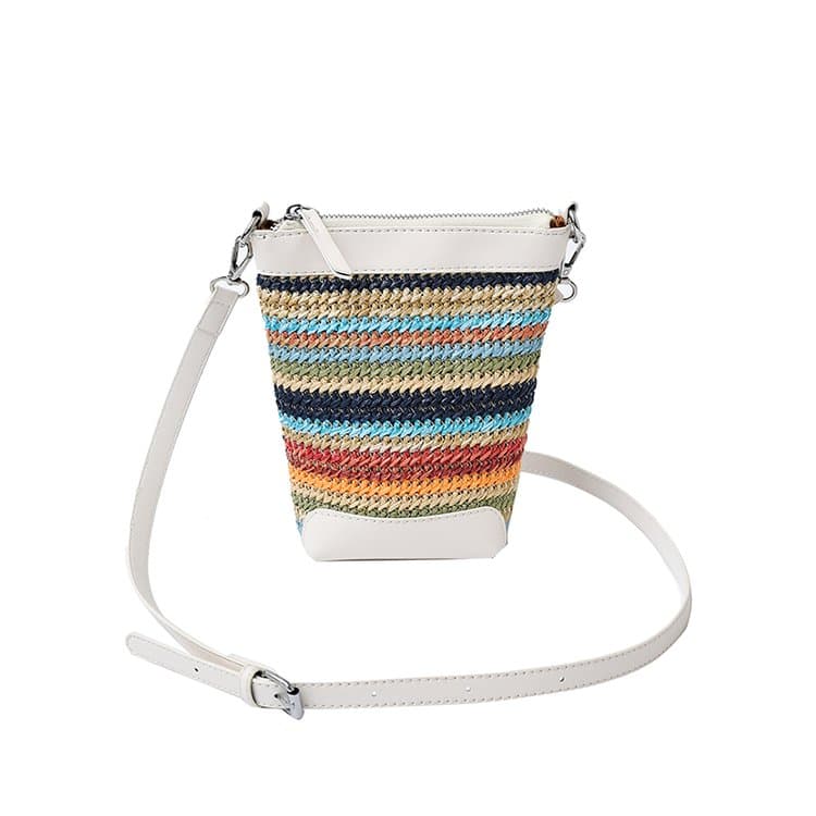 Holiday style leather raffia vertical satchel