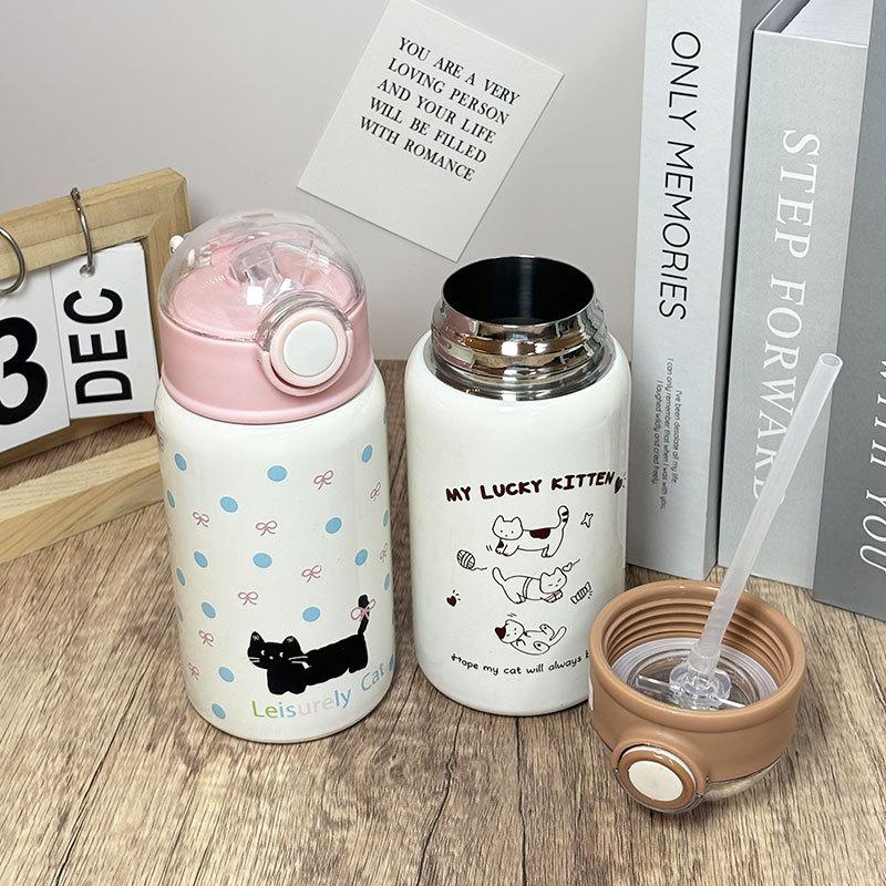 450ml Large Capacity Stainless Steel Thermos Bottle with Straw Cute Coffee Water Bottle for Girls Vacuum Flask Thermal Tumbler