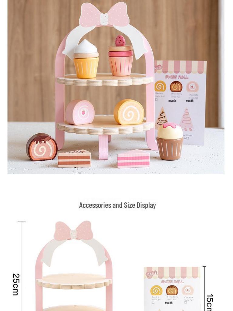 Children's Play Kitchen Set with Birthday Cake, Ice Cream, Dessert Stand, and Toy Food Models
