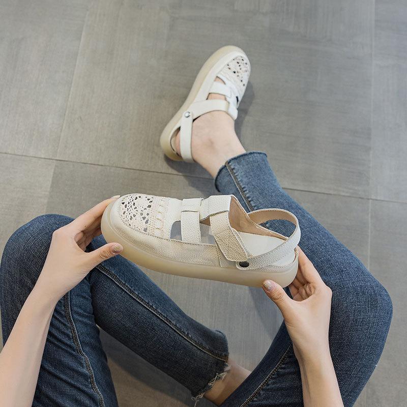 

Fashion GKTINOO Genuine Leather Roman Sandals 2025 Summer Women Sneakers Closed Toe Comfortable Hollow Soft Sole Mom Shoes Plus Size 43