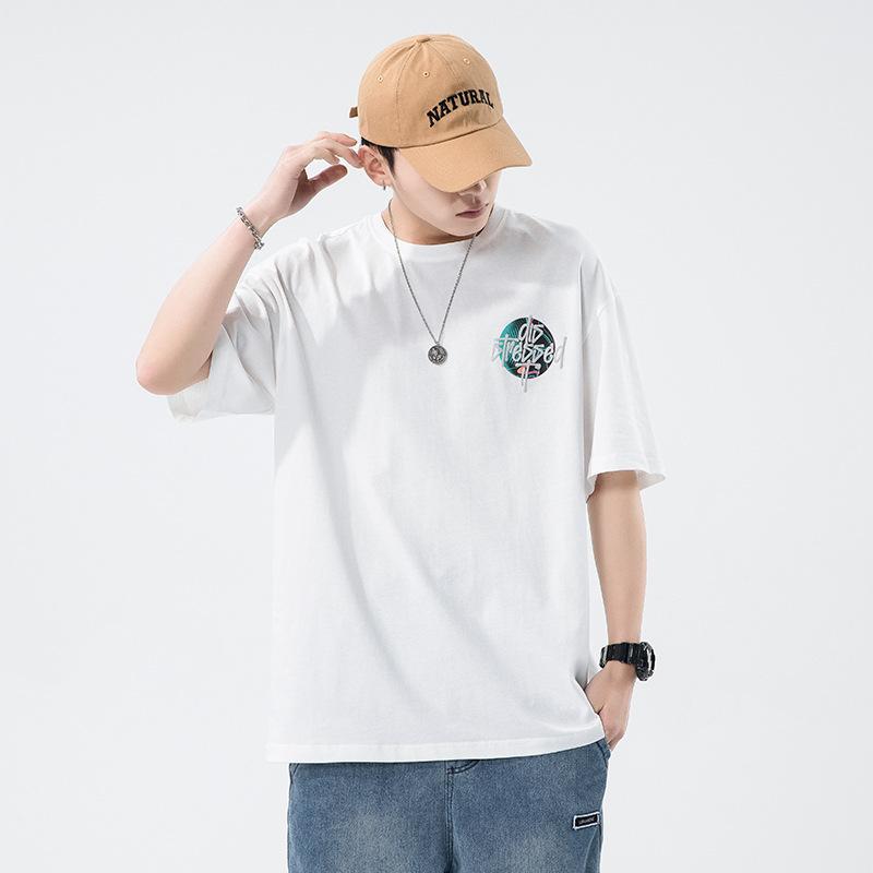 Sommer Trendiges Herren Kurzarm T-Shirt Koreanische Version Ins Reiner Baumwolle Modischer Buchstabenprint Lockerer Rundhalsausschnitt Halbarm Basic-Shirt