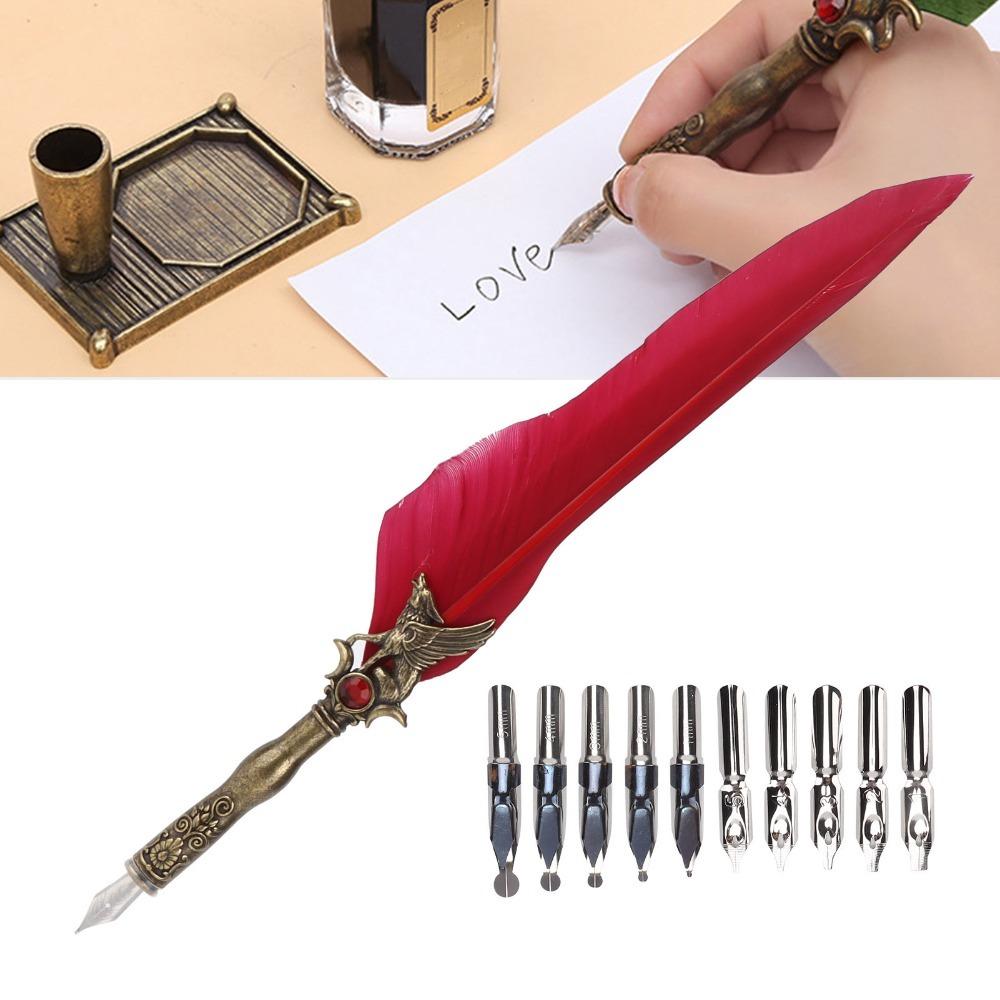 Carved Pattern Feather Quill Stainless Steel Engraved Dip Pen Feather Dip Pen Calligraphy Practice