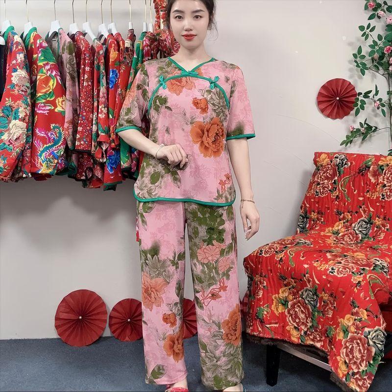 

Northeast Big Flower Ethnic Style Summer New Arrival Short Sleeve Pants Dance Yangko Loose Retro Two-Piece Set National Style Sisters Outfit Green flower Suit (short sleeve + pants) 3XL