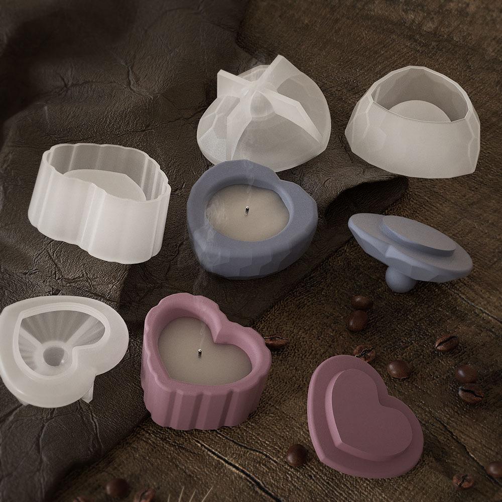 Heart-Shaped Stripe With Cover Candle Cup Silicone Molds DIY Cement Plaster Storage Jar Pottery Mould Concrete Art Making Decor