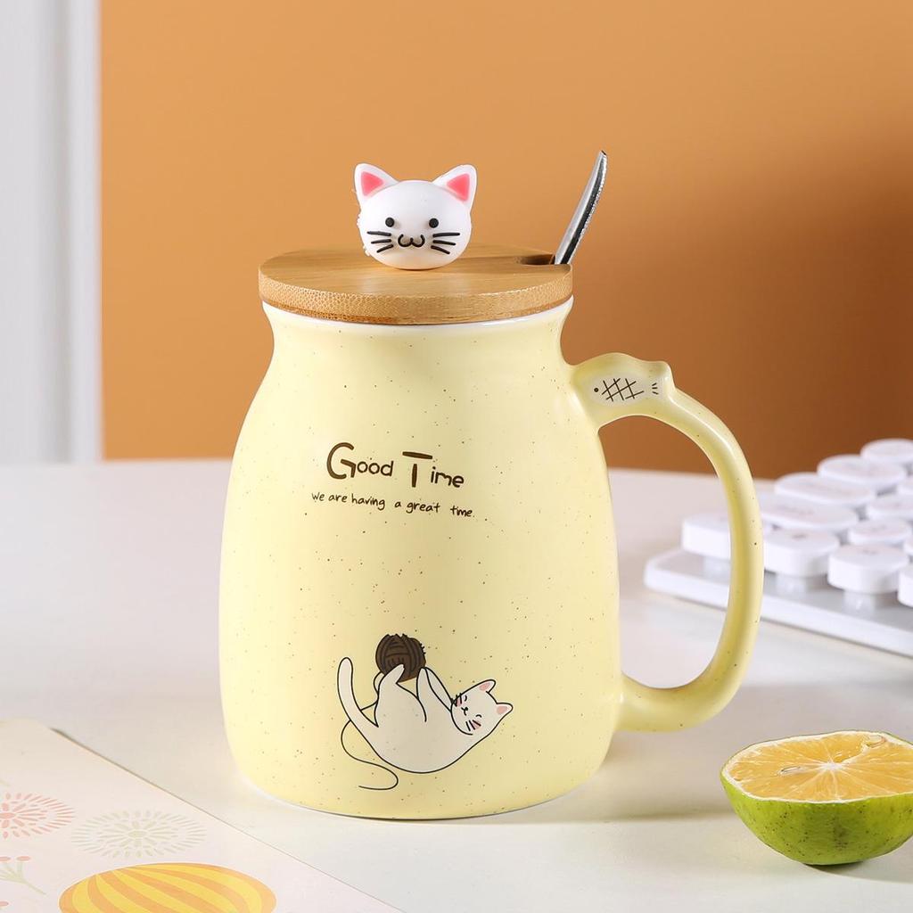 Söt keramikmugg med katt-tema, lock och sked, 380 ml.