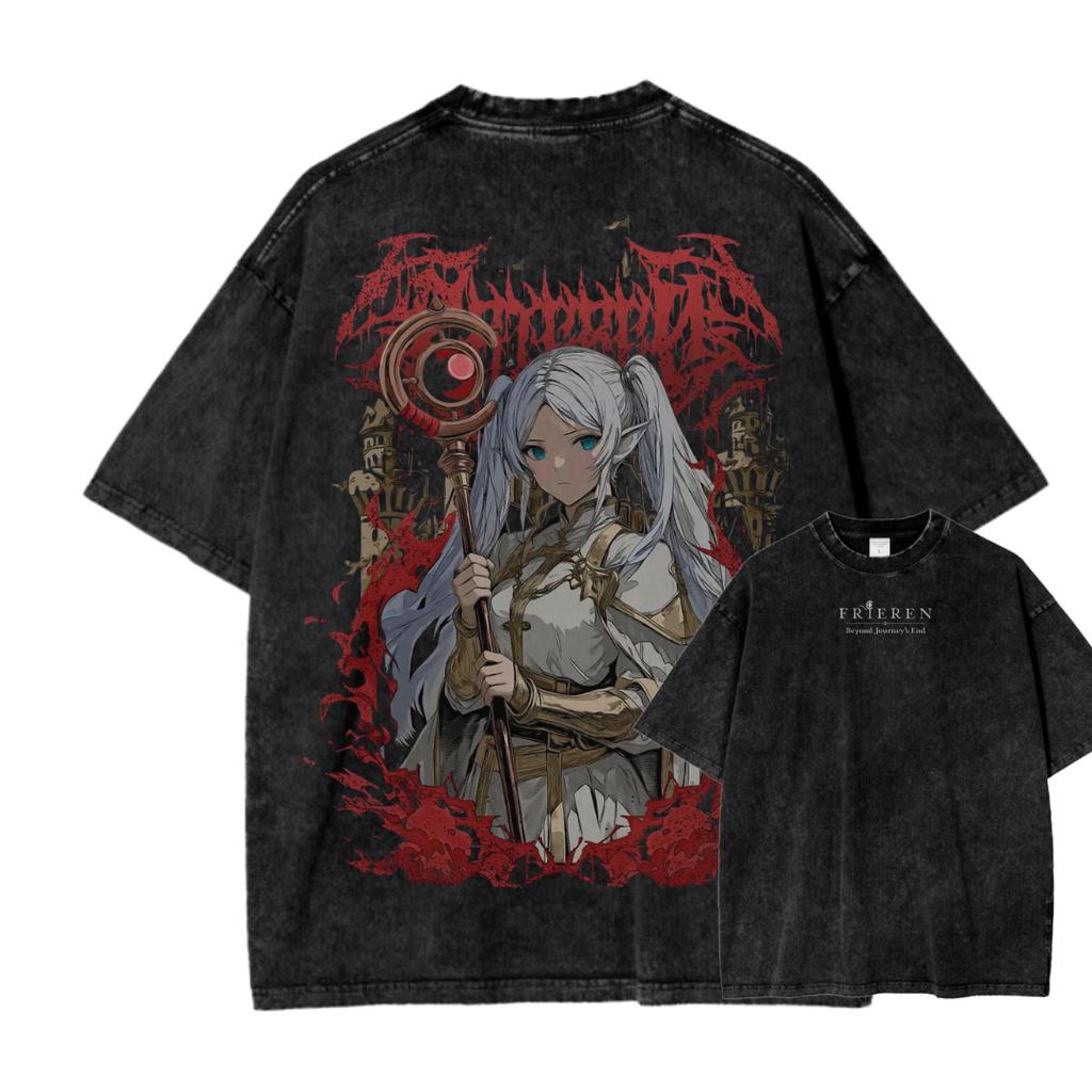 Frieren T-Shirt Herren Gewaschen Oversized Baumwolle Anime Lässig Kurzarm Bequem Weich Kleidung Locker Hohe Qualität Damen Herren T-Shirt