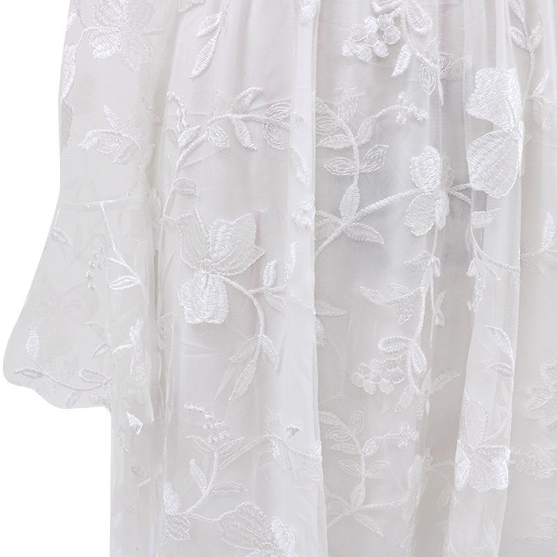 Women White Floral Lace Long Sleeve Deep V Neck Backless Sheer Tulle A Line Summer Wedding Gown Elegant Bridal Evening Prom Formal Party Maxi Dress