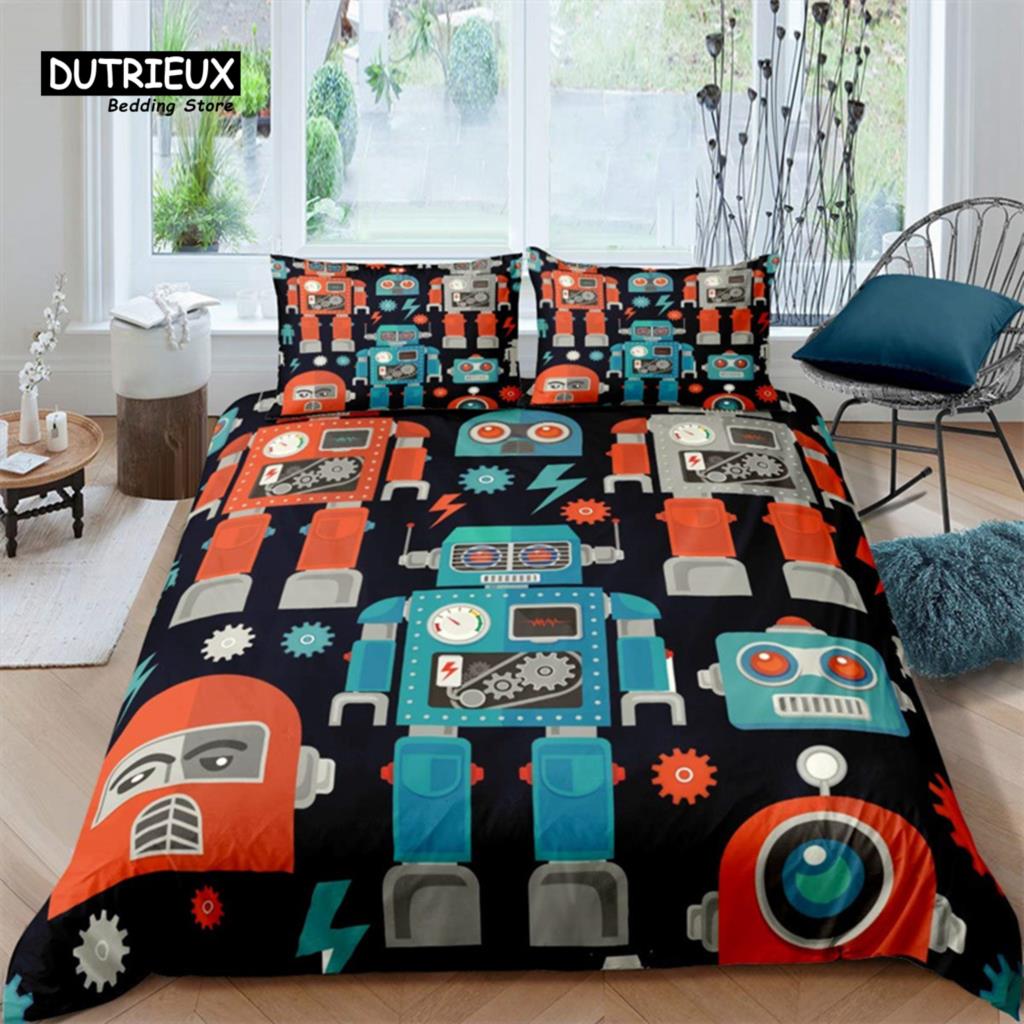 Robot Duvet Cover Set Cartoon Space Robot Bedding Set Patchwork Transformer Futuristic Machine Comforter Cover Twin Full For Boy