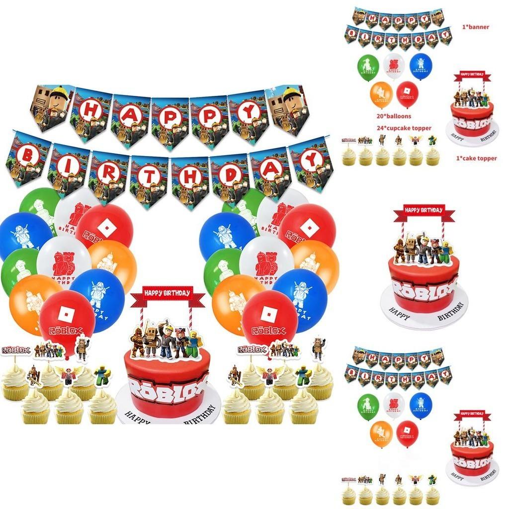 Roblox Geburtstagsfeier Zubehör Set mit lebhaften Banner Luftballons und Kuchenaufsätzen für Kinder