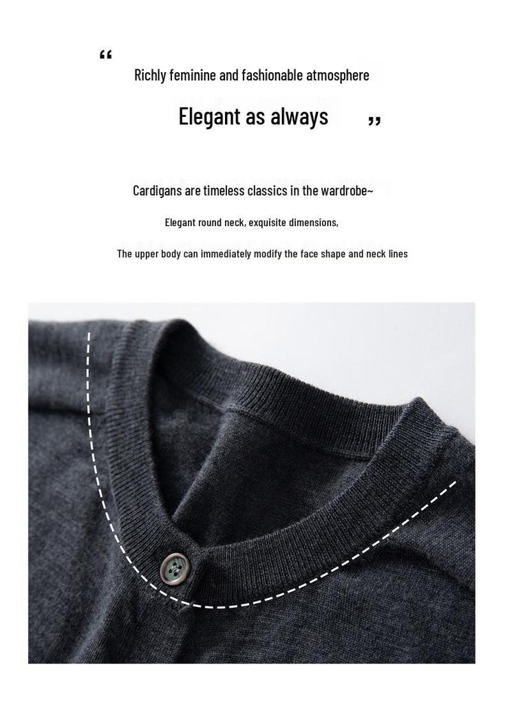 Women's 100% Pure Wool Saddle Shoulder Cardigan - Thin, Round Neck, Fine Knit, Long Sleeve for Simple Commute