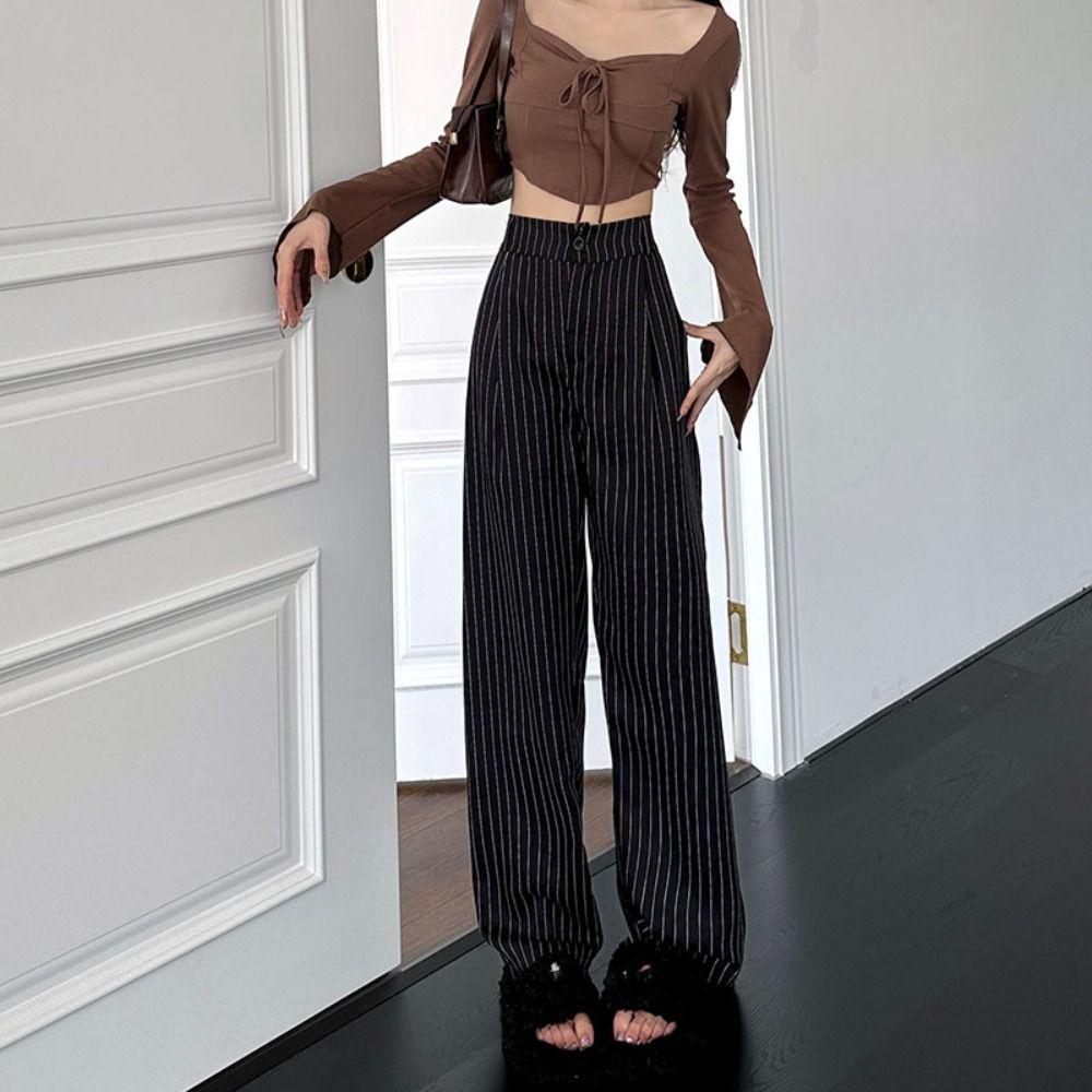 Workout Trousers Casual Pants Women High Waist Wide Leg Pants Breathable Striped Suit Pants Female