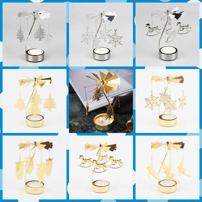 Metal Metal Rotating Tea Light Holder Hollow Gold Silver Christmas Rotating Candle Holder Angel Carousel Pattern