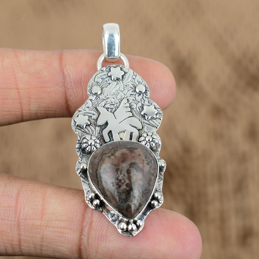 Pear Coffee Bean Jasper Stone Engagement Boho Unicorn Wedding Pendant 925 Silver