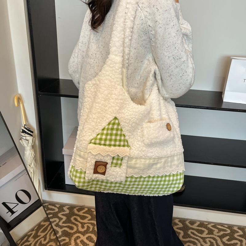 

Literary and versatile commuter canvas bag niche design plaid splicing cloth bag large capacity tote bag school bag 38*8*30 зелений