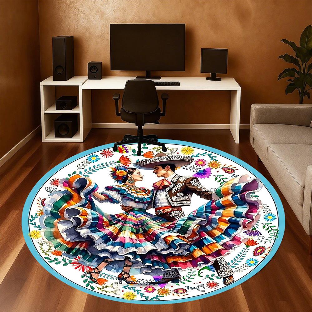 1pc Mexican Dance Floral Round Chair mat Area Rug - Non-Slip, Floor Mat for Office, Bedroom, home decor Christmas Gift-1002337
