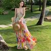Color Floral Off-the-shoulder Halter Suspender Dress French Women's Summer Waist Swing Dress Seaside Vacation Dress