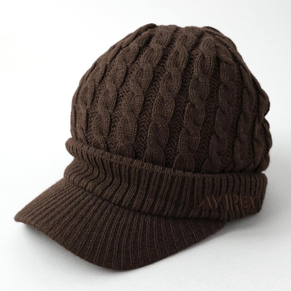 AVIREX cable knit knit cap with perfect for men and size 023 loose-fit brim, women, winter, brown,