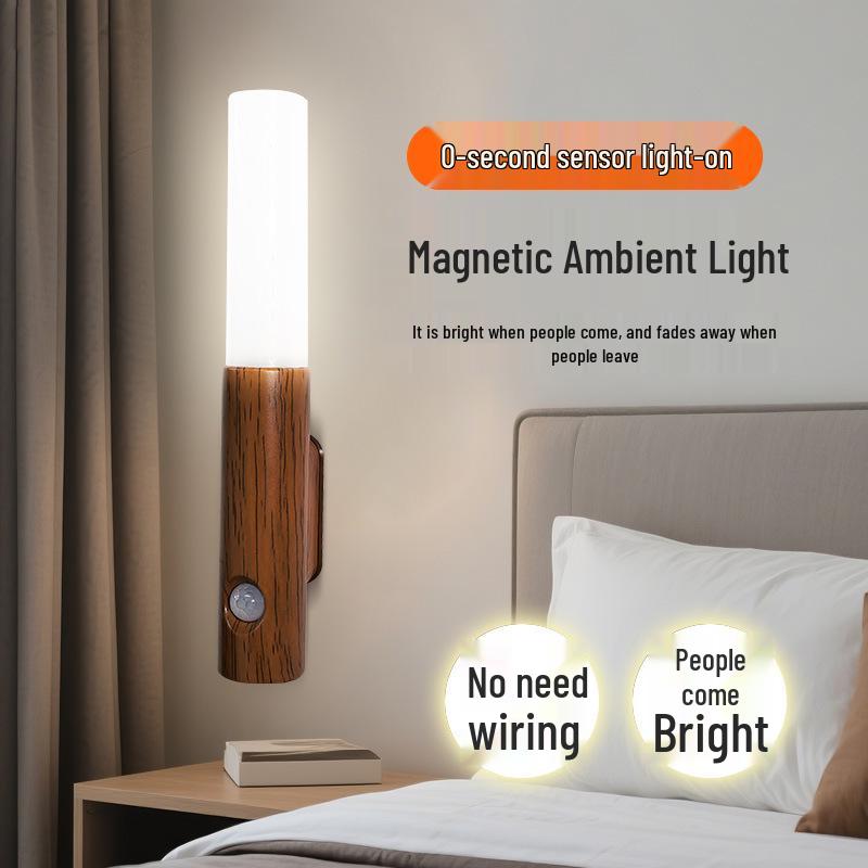 Automatic Induction LED Night Light with Magnetic Mount - Wood Grain for Bedroom or Hallway