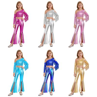 Tenue de Concours de Beauté pour Enfants Filles Haut à Paillettes Une Épaule avec Pantalon Patte d'Éléphant Costume de Scène Ensemble Complet