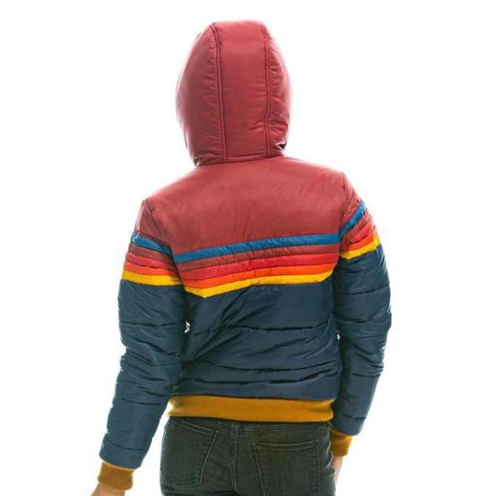 Yousheng Winter-Baumwollmantel mit Taschen Coloblock Reißverschluss Kapuze Gefüttert Winddicht Strickjacke Kurzer Typ Elastische Bündchen und Saum Baumwolljacke