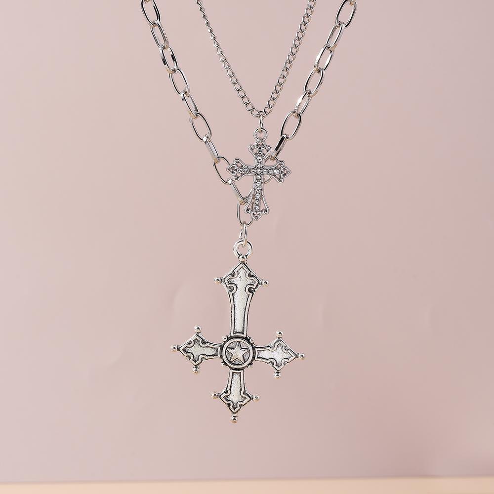 2pcs/set Gothic Cross Pendant Necklaces for Women Men Silver Color Punk Choker Necklace Chain Jewelry Gifts