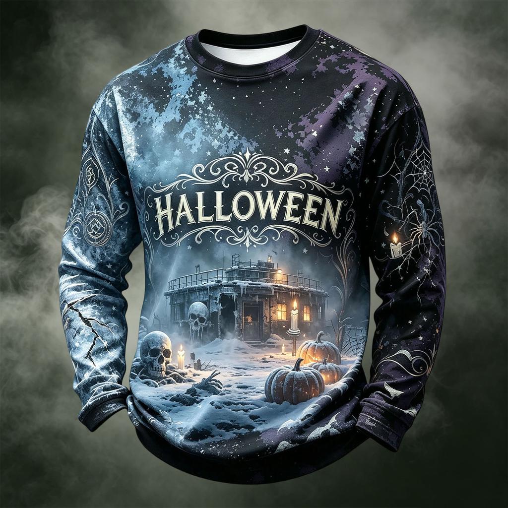 Men's Casual Long Sleeve Crewneck Knit Shirt with Halloween Print