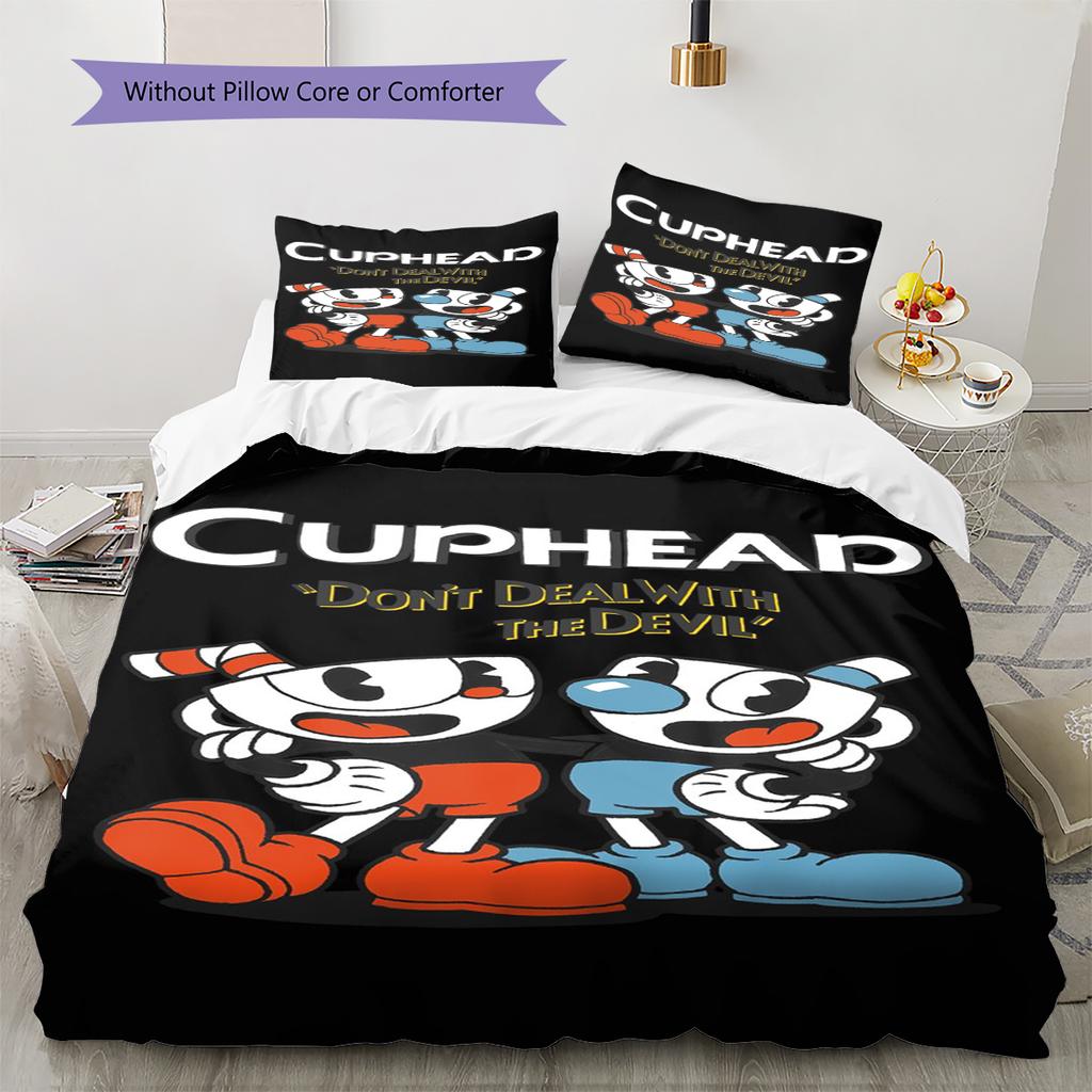 Cuphead Cute Cartoon Pattern Bedding,Quilt Set Quilt Cover Pillowcase Home Birthday Gift (1 * Duvet Cover + 2 * Pillowcase, Without Core)