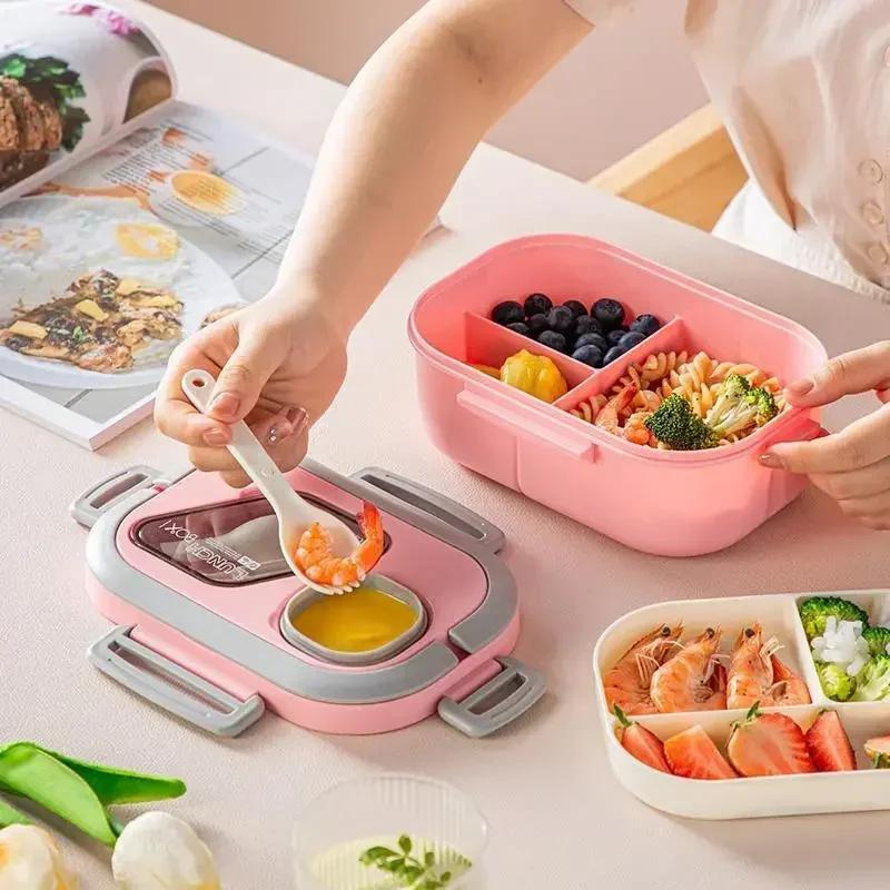 Tragbare Lunchbox mit Fach aus Weizenstroh, Bento-Box mit Tragegriff, wiederverwendbare Geschirrbehälter, Mahlzeiten- und Snackbehälter