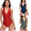 Solid Color Ruched V-Neck One Piece Swimsuit Women Tummy Control Slimming Bathing Suit